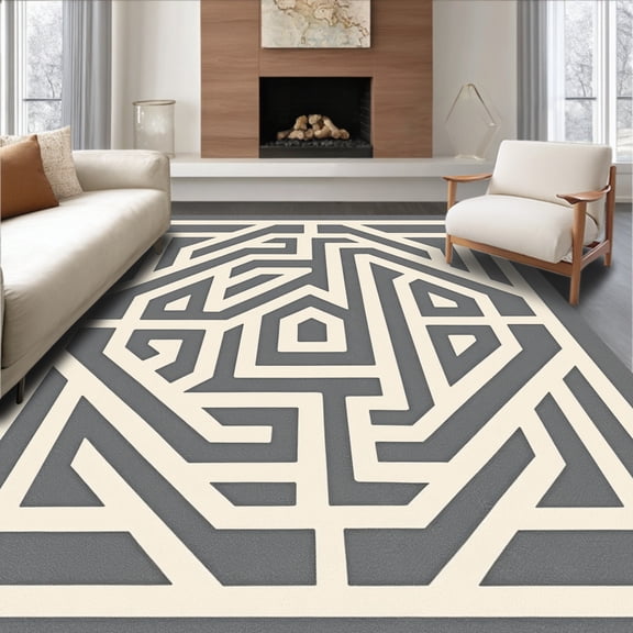 ODIKA 4'x6' Machine Washable Non-Slip Area Rug, Labyrinth Spiral Mosaic Motif High Traffic Rug, Gray, 343545