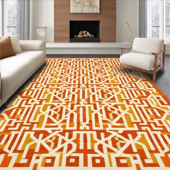 ODIKA 4'x6' Machine Washable Non-Slip Area Rug, Earthenware Inspired Square Lattice High Traffic Rug, Orange, 245204