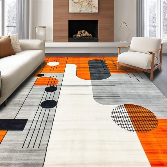 ODIKA 4'x6' Machine Washable Non-Slip Area Rug, Artistic Monochrome Network with Pop Art Inspired Geometric Forms High Traffic Rug, Orange, 148826