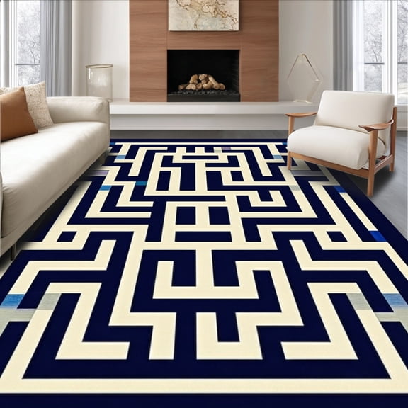 ODIKA 4'x6' Machine Washable Non-Slip Area Rug, Intricate Geometric Maze Featuring Interlocking Angular High Traffic Rug, Blue, 122472