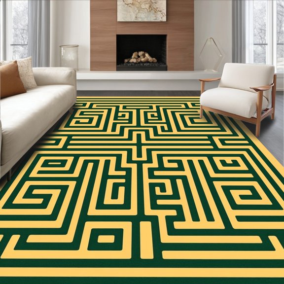 ODIKA 4'x6' Machine Washable Non-Slip Area Rug, Contemporary Maze Design with Interlocking Olive and Emerald Labyrinths High Traffic Rug, Green, 343443