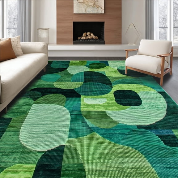 ODIKA 4'x6' Machine Washable Non-Slip Area Rug, Abstract Shapes with Interwoven Forest and Olive Green Palette High Traffic Rug, Teal, 252685