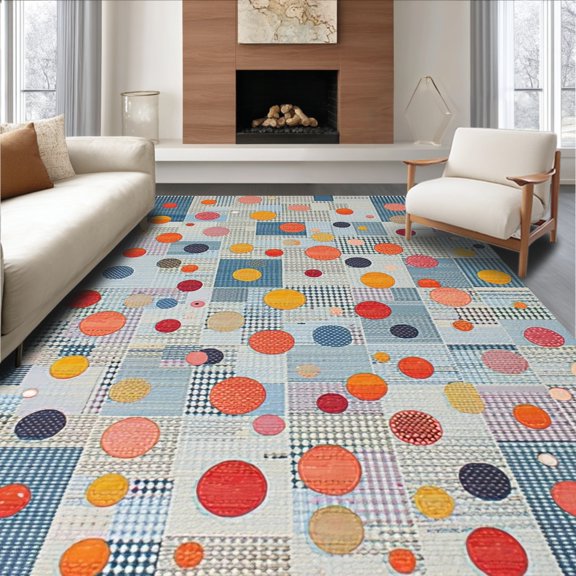ODIKA 4'x6' Machine Washable Non-Slip Area Rug, Pluriform Quilt Singularity with Newborn Fruit Gradient and Esfera Accents High Traffic Rug, Blue, 194549