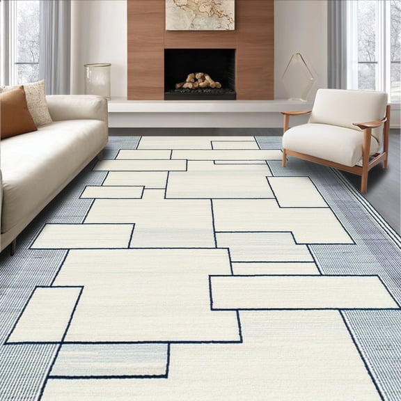 ODIKA 4'x6' Machine Washable Non-Slip Area Rug, Geometric Pull Streamlined Design High Traffic Rug, Beige, 186972