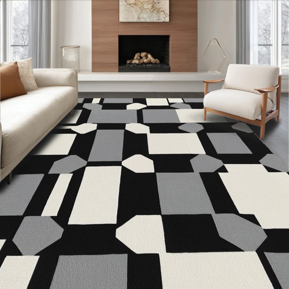 ODIKA 4' x 6' Machine Washable Non-Slip Area Rug, Geometric Rectangle High Traffic Rug, Black, 293945