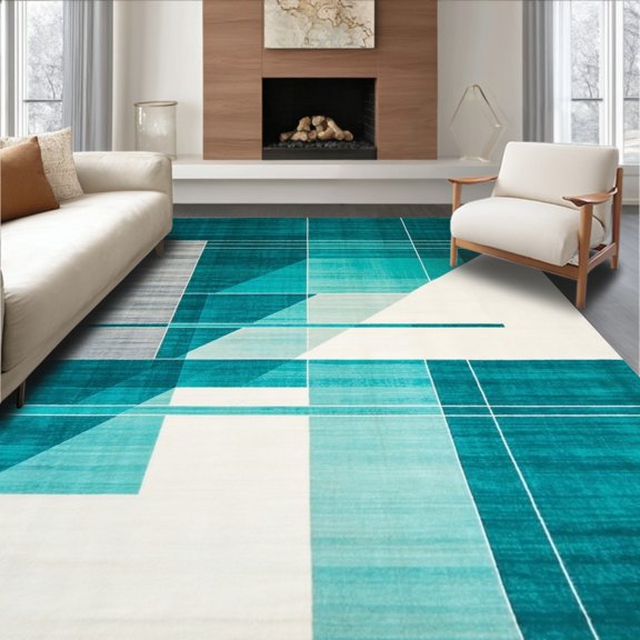 ODIKA 4'x6' Machine Washable Non-Slip Area Rug, Modern Cascade Lines Artistic Interlaced Geometric Motifs Blue High Traffic Rug, Blue, 106881