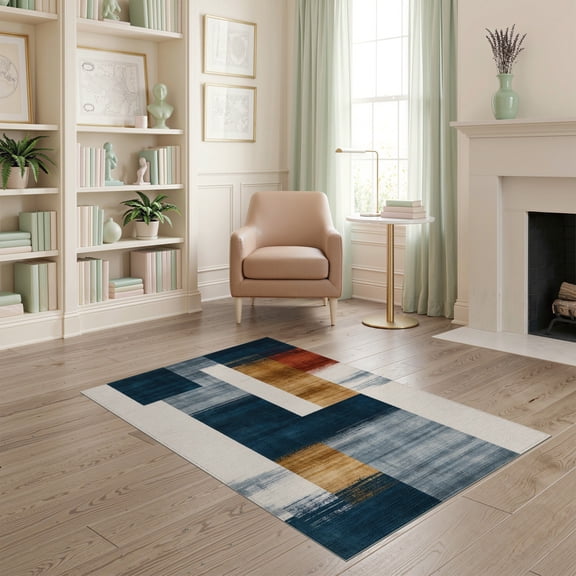 ODIKA 4'x6' Machine Washable Non-Slip Area Rug, Eclectic Funky Ink Wash Design Abstract in Multi Tone High Traffic Rug, Blue, 47543