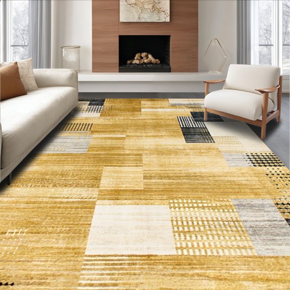 ODIKA 4'x6' Machine Washable Non-Slip Area Rug, Stylish Contemporary Featuring Dynamic Gold Motifs High Traffic Rug, Gold, 127422