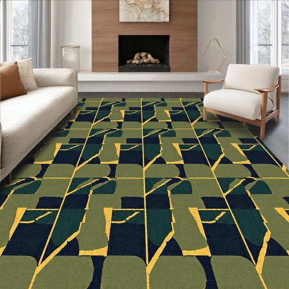ODIKA 4'x6' Machine Washable Non-Slip Area Rug, Contemporary Abstract Blocks with Asymmetric Interlocking Forms High Traffic Rug, Green, 343407
