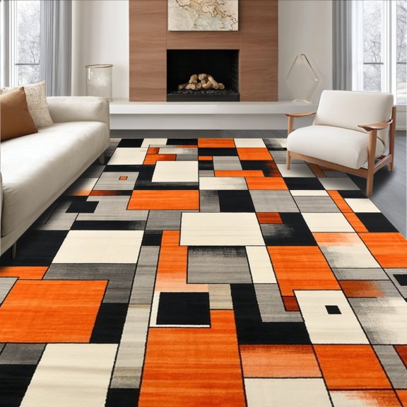 ODIKA 4'x6' Machine Washable Non-Slip Area Rug, Abstract Cascade of Fragmented Cubes with Bold Color Contrasts and Fluid Edges High Traffic Rug, Orange, 148825
