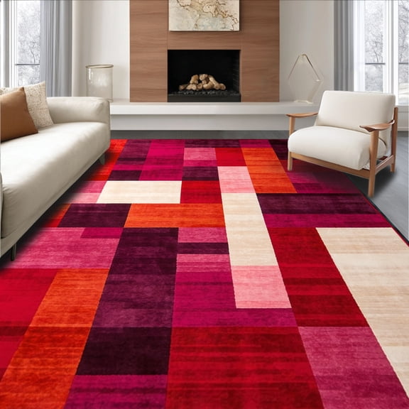 ODIKA 4'x6' Machine Washable Non-Slip Area Rug, Vibrant Abstract Mod High Traffic Rug, Red, 132123