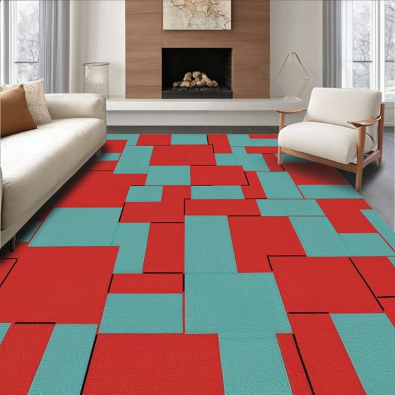 ODIKA 4'x6' Machine Washable Non-Slip Area Rug, Abstract Mosaic Long Artistic Patchwork Entry Throw Non Skid High Traffic Rug, Red, 424789