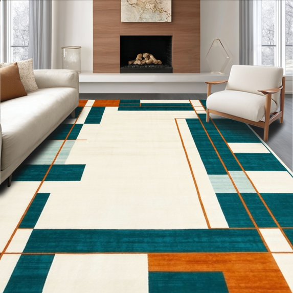 ODIKA 4'x6' Machine Washable Non-Slip Area Rug, Abstract Geometric High Traffic Rug, Teal, 136745