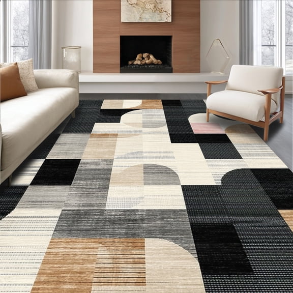 ODIKA 4'x6' Machine Washable Non-Slip Area Rug, Boho Chic Black & Beige Irregular Shapes High Traffic Rug, Beige, 138439