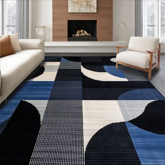 ODIKA 4' x 6' Machine Washable Non-Slip Area Rug, Geometric Semi-Circle High Traffic Rug, Blue, 260450