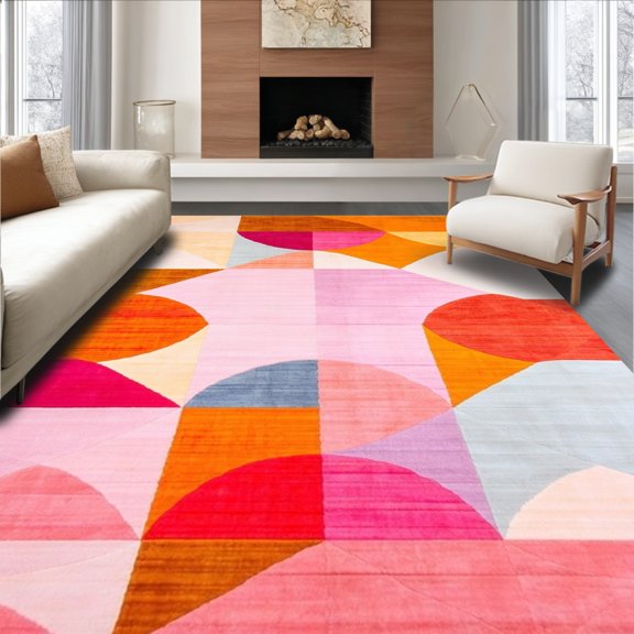 ODIKA 4' x 6' Machine Washable Non-Slip Area Rug, Geometric Semi-Circle High Traffic Rug, Peach, 192027
