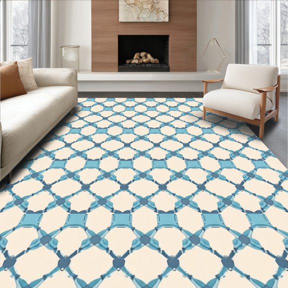 ODIKA 4' x 6' Machine Washable Non-Slip Area Rug, Geometric Square High Traffic Rug, Blue, 339763