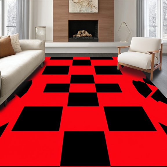 ODIKA 4' x 6' Machine Washable Non-Slip Area Rug, Geometric Square High Traffic Rug, Red, 616123