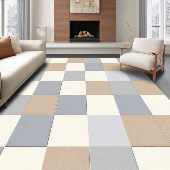 ODIKA 4'x6' Machine Washable Non-Slip Area Rug, Modern Abstract Fragmented Mosaic with Overlapping Angles and Neutral Shades High Traffic Rug, Beige, 473125