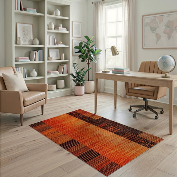 ODIKA 4'x6' Machine Washable Non-Slip Area Rug, Burnt Orange Copper Fiery Abstract Shape Floor High Traffic Rug, Orange, 86278