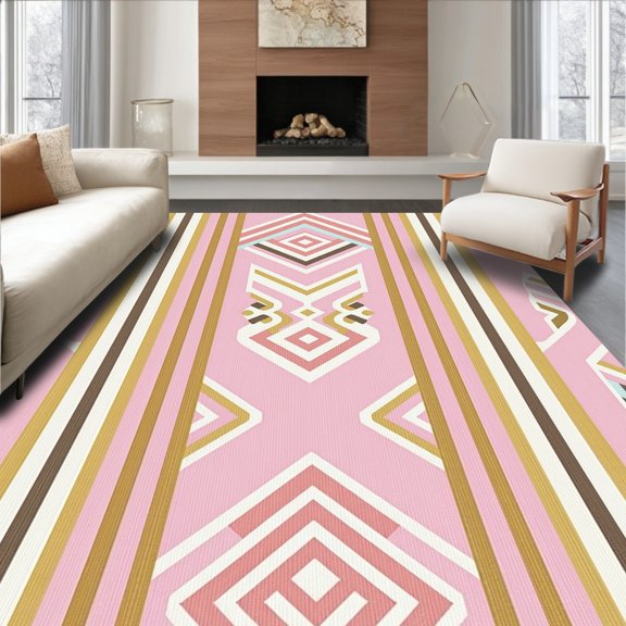 ODIKA 4' x 6' Machine Washable Non-Slip Area Rug, Geometric Stripes High Traffic Rug, Pink, 352070