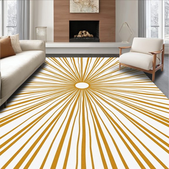 ODIKA 4'x6' Machine Washable Non-Slip Area Rug, Nordic Sunburst With Radiating Interlocking Petals High Traffic Rug, Gold, 424806