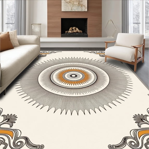 ODIKA 4' x 6' Machine Washable Non-Slip Area Rug, Geometric Sunburst High Traffic Rug, Ivory, 447190