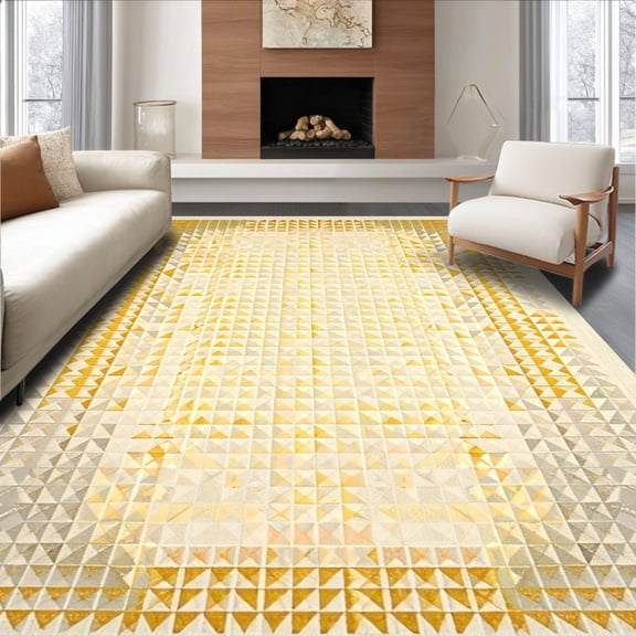 ODIKA 4'x6' Machine Washable Non-Slip Area Rug, Minimalist Triangle Mosaic with Intersecting Lines and Gradient Highlights High Traffic Rug, Beige, 127412