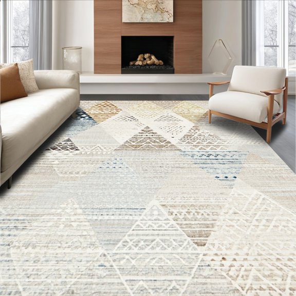 ODIKA 4'x6' Machine Washable Non-Slip Area Rug, Intricate Triangle Motif with Cottage Board and Arcana Inspired Design High Traffic Rug, Beige, 194530