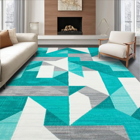 ODIKA 4'x6' Machine Washable Non-Slip Area Rug, Vertex Artistic Grey Abstract Geometric Blue High Traffic Rug, Blue, 106880
