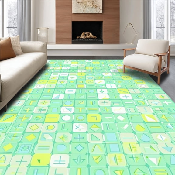 ODIKA 4'x6' Machine Washable Non-Slip Area Rug, Educational Math Grid Playmat Numeric Geometry Design High Traffic Rug, Green, 146381