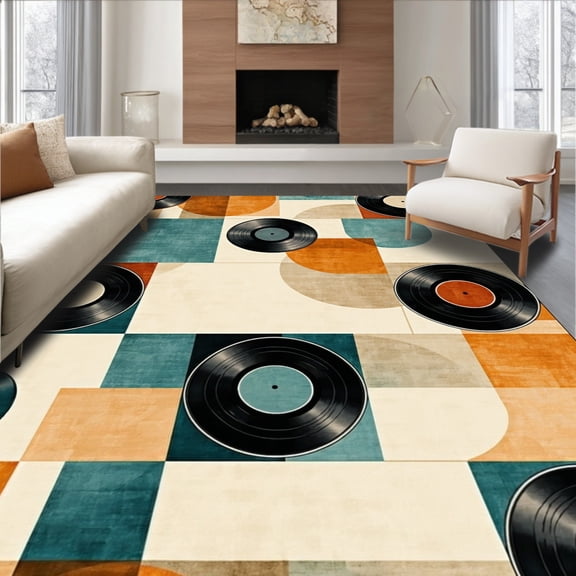 ODIKA 4' x 6' Machine Washable Non-Slip Area Rug, Geometric Vinyl-Record High Traffic Rug, Black, 66615