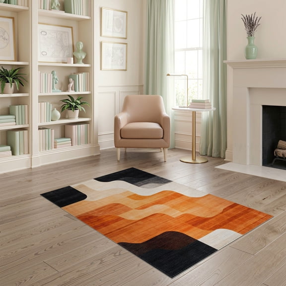 ODIKA 4'x6' Machine Washable Non-Slip Area Rug, Copper Black Burnt Orange Abstract Indoor Floor High Traffic Rug, Beige, 86277