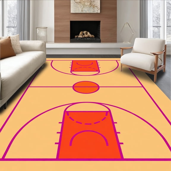 ODIKA 4'x6' Machine Washable Non-Slip Area Rug, Basketball Court Wood Floor Orange Key Pink Lines High Traffic Rug, beige, 841075