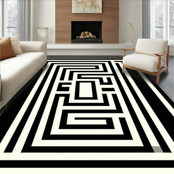 ODIKA 4' x 6' Machine Washable Non-Slip Area Rug, Geometric labyrinth High Traffic Rug, White, 6137