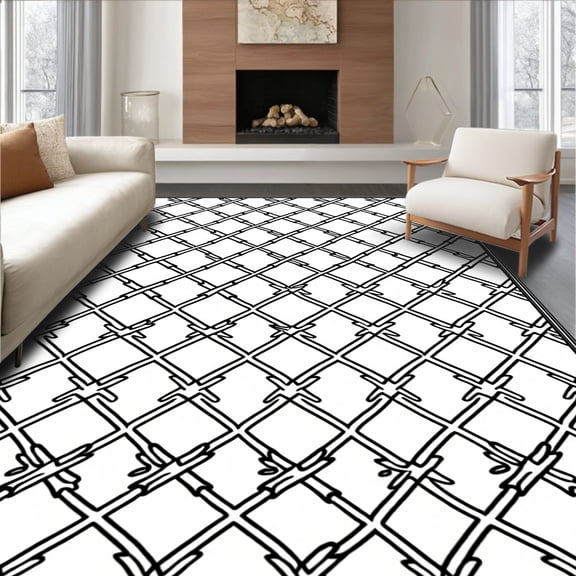 ODIKA 4' x 6' Machine Washable Non-Slip Area Rug, Geometric lattice High Traffic Rug, Black, 716749