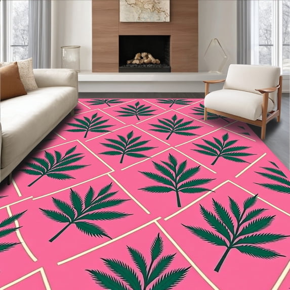 ODIKA 4' x 6' Machine Washable Non-Slip Area Rug, Geometric leaf High Traffic Rug, Pink, 632214
