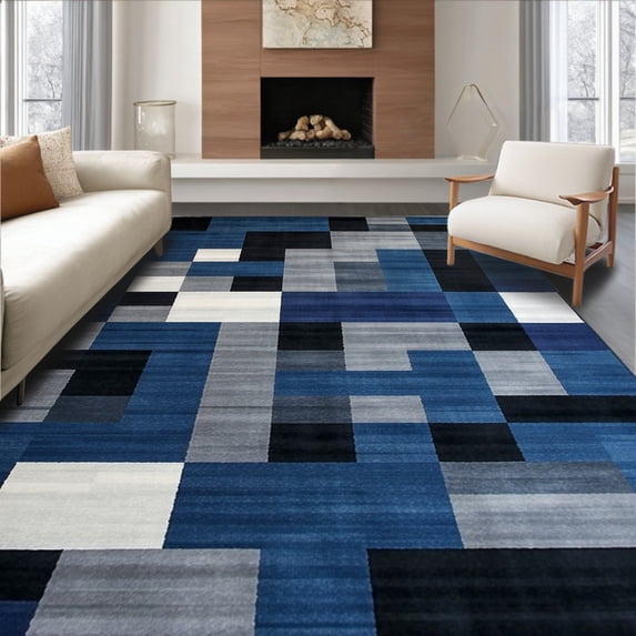 ODIKA 4' x 6' Machine Washable Non-Slip Area Rug, Geometric rectangle High Traffic Rug, Blue, 24518
