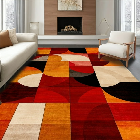 ODIKA 4'x6' Machine Washable Non-Slip Area Rug, Ember Abstract Geometric Shape Throw Indoor Floor High Traffic Rug, Orange, 86276