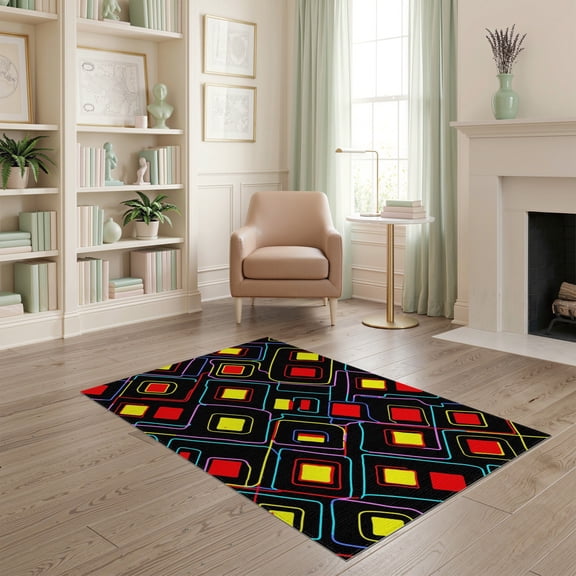 ODIKA 4'x6' Machine Washable Non-Slip Area Rug, Modern Arcade Button Console Interactive Visual Gamer High Traffic Rug, Black, 579861
