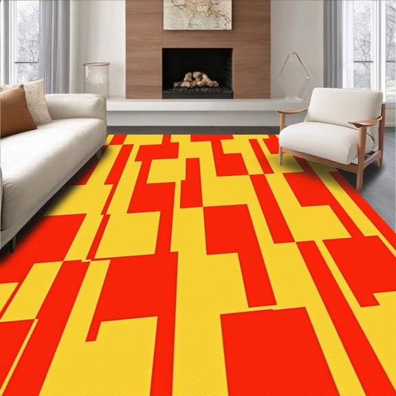 ODIKA 4'x6' Machine Washable Non-Slip Area Rug, Orange & Mustard Geometric High Traffic Rug, Red, 366054