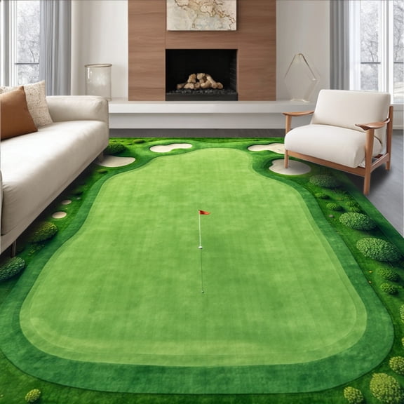 ODIKA 4'x6' Machine Washable Non-Slip Area Rug, Golf Course Hole Holes Design Theme Green High Traffic Rug, Green, 94329