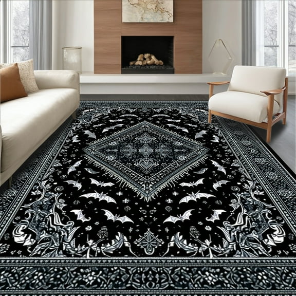 ODIKA 4'x6' Machine Washable Non-Slip Area Rug, Striking Gothic Charm Theme High Traffic Rug, Black, 29668