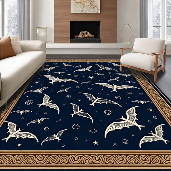 ODIKA 4'x6' Machine Washable Non-Slip Area Rug, Enchanted Night Sky Astronomy with Flying Bat High Traffic Rug, Blue, 515157