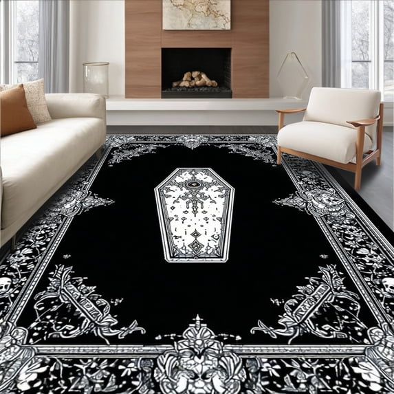 ODIKA 4'x6' Machine Washable Non-Slip Area Rug, Hauntingly Beautiful Gothic High Traffic Rug, Black, 26507