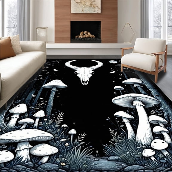 ODIKA 4'x6' Machine Washable Non-Slip Area Rug, Mystic Goat Skull and Mushroom High Traffic Rug, Gray, 132927