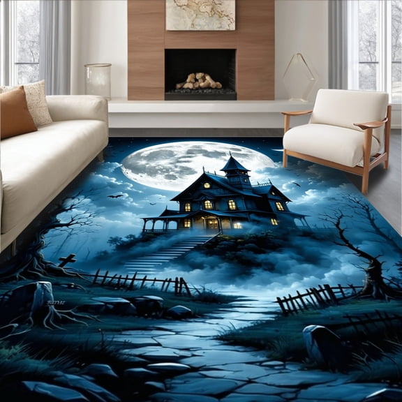ODIKA 4'x6' Machine Washable Non-Slip Area Rug, Creative Halloween with Haunted and Creepy Landscape Motif High Traffic Rug, Blue, 100445