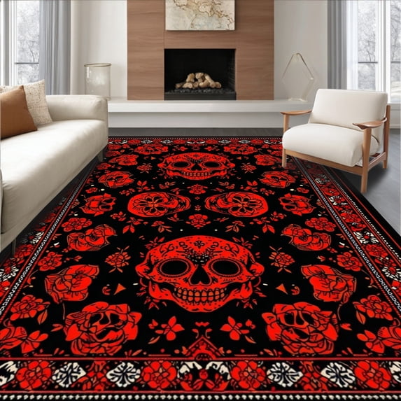 ODIKA 4'x6' Machine Washable Non-Slip Area Rug, Intricate Skull and Petal Arrangement High Traffic Rug, Black, 19262