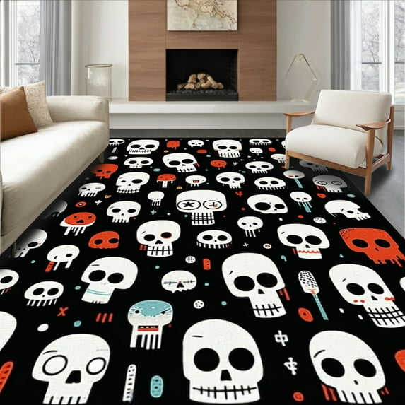 ODIKA 4'x6' Machine Washable Non-Slip Area Rug, Contemporary Dark Humor Design High Traffic Rug, Black, 19274