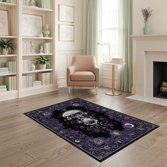 ODIKA 4'x6' Machine Washable Non-Slip Area Rug, Midnight Macabre Bewitched Skull for Spooky Enthusiasts High Traffic Rug, Purple, 38141